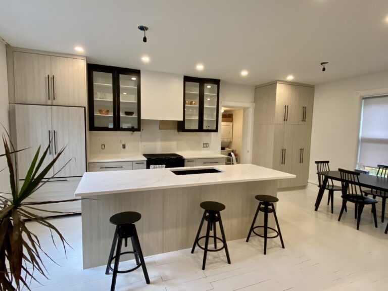 Modern custom kitchen cabinets with island and dining area – Cerwood cabinetry design in Kitchener